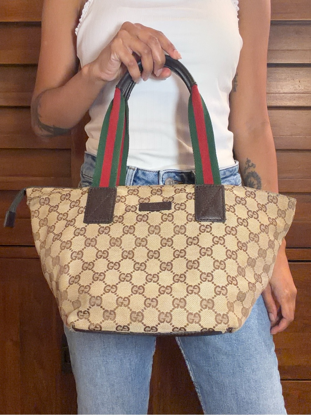 Gucci GG Canvas Web Stripe Vintage Tote Bag